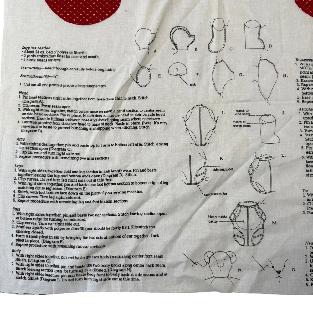 Vintage VIP Cranston Print Works Teddy Love Bear Fabric Panel DIY Sewing Kit Red